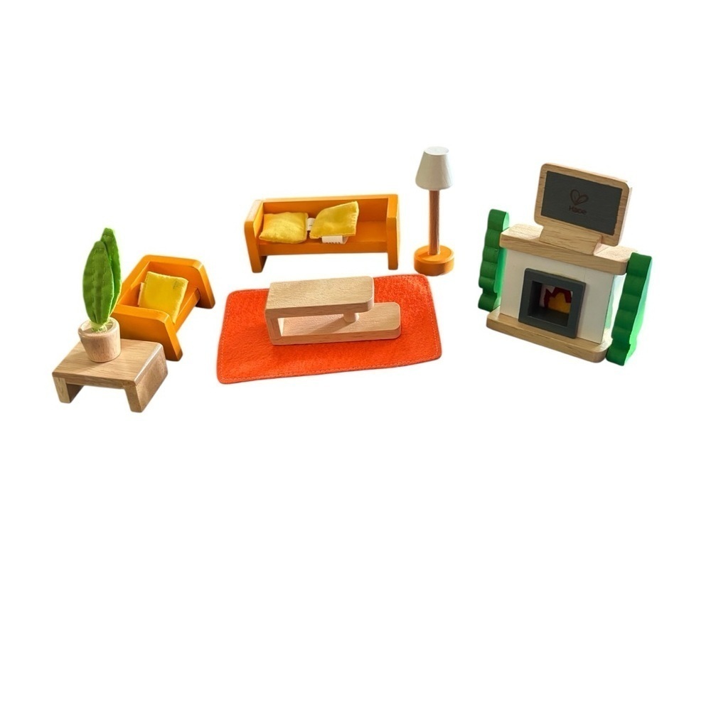 Hape Holding Swiss Made Wood 14Pc Miniature Living Room Furniture Access Orange